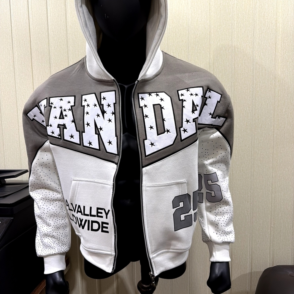 Gray and White Graphic Hoodie From VANDAL VALLEY Luxury Streetwear